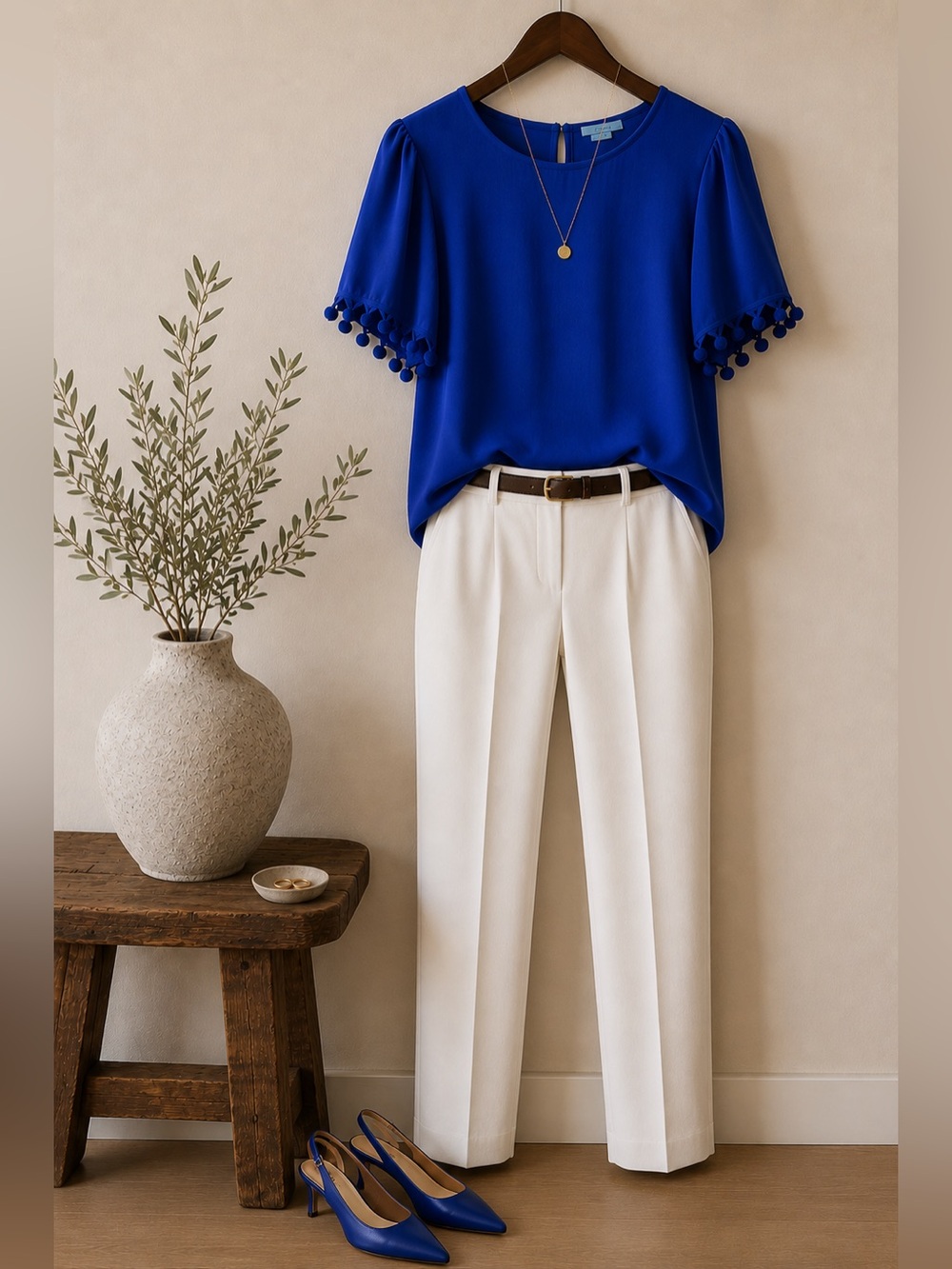 CeCe Royal Blue Embroidered Trim Blouse Size Large | Puff Sleeve | Dressy